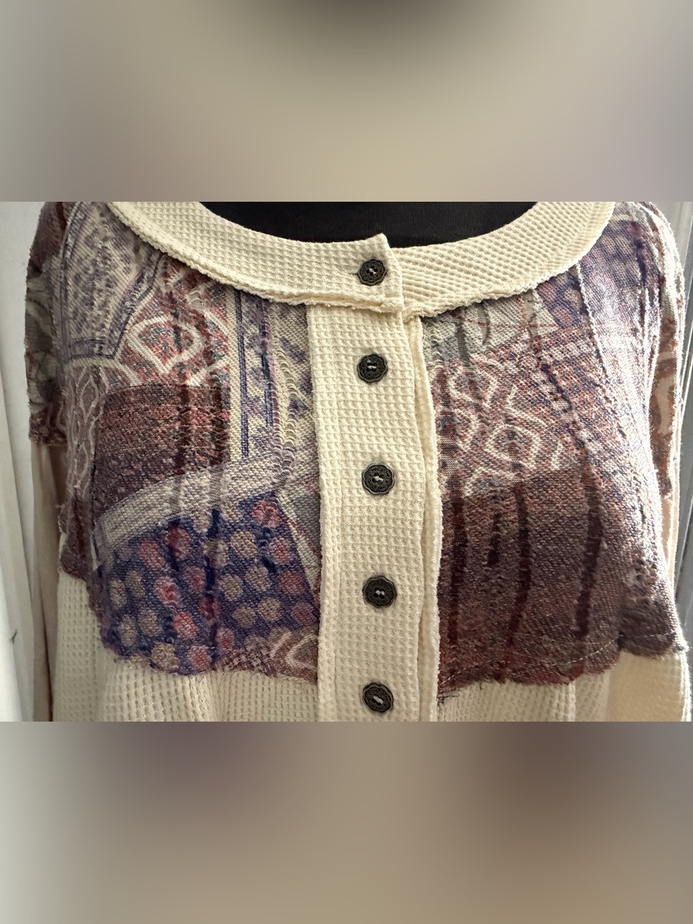 POL Mixed Media Boho Tunic Top Waffle Knit Balloon Sleeve Oversized S - Picture 4 of 8